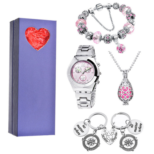 Valentine's Day Gift Luxury Stainless Steel Women Necklace Key Chain Bracelet Watch Set Lovers Ladies Clock With Box C19041202