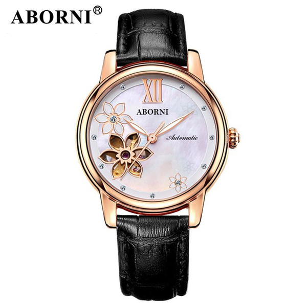 ABORNI Vintage Flower Women Watches Mechanical Automatic Luxury Skeleton Gold Ladies Bracelet Wristwatch Leather Female Clock