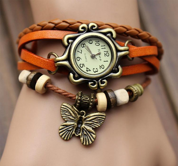 Free shipping 2016 New Vintage quartz watch women Watchs Wrap Tree leaf Pendant Synthetic Leather Bracelet Wrist Watch