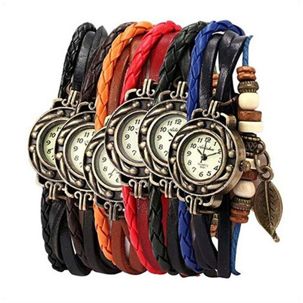 Women Multilayer Weave Wrap Link Leather Bracelet Quartz Wrist Watch Women's Watches Vintage Wrap Around Bead Leaf Bracelet Quartz Wholesale