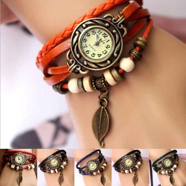 Crazy selling New Vintage Retro Leaf Leather Strap Roma Number Dial Woman Watch Bracelet +7 color DHL FEDEX 300pcs