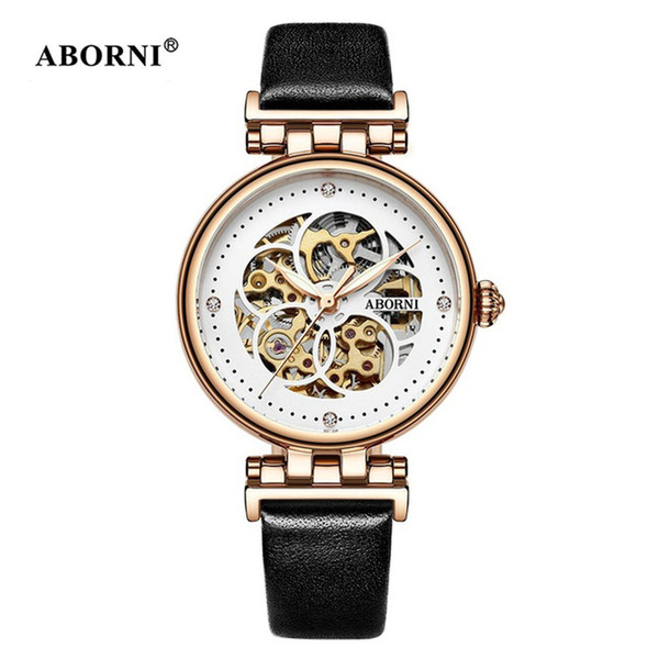 ABORNI Vintage Women Mechanical Watches Roman Numerals Automatic Self-Wind Skeleton Lady Watch Leather Gold Luxury Diamond Clock