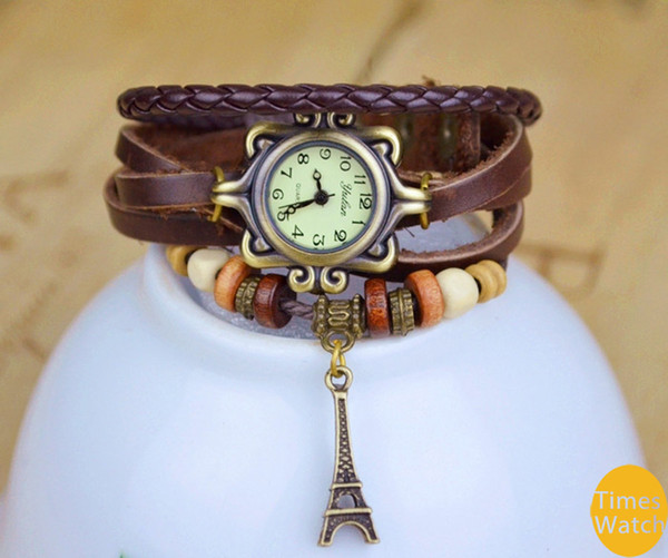 free shippig Wholesale New arrival Fashion vintage retro beaded braided rope bracelet wrap quartz cow leather wrist watch women