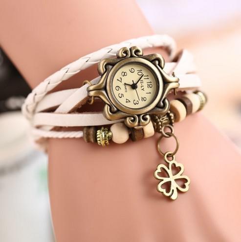 Retro Gothic Watches Woman Quartz Watch Ladies Braided tassels Leather Bracelet Watches Lady Fashion Watch Clock Lucky grass