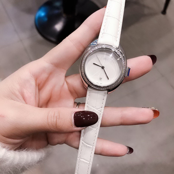 WHITE diamond date LEATHER belt quartz big SILVER 35mm case AAA orologio sport fashion women watch brand new Stainless steel womens watches