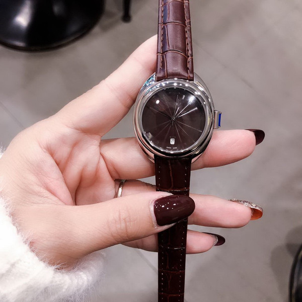 BROWN date LEATHER belt quartz big SILVER 35mm case AAA orologio sport fashion women watch brand new Stainless steel womens watches