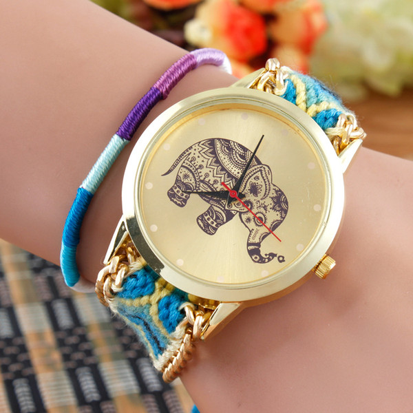 New Arrival Fashion Womens Hand Made Braided Gold Quartz Watches Wristwatches Elephant Print Style Exquisite Gift 5 Colors