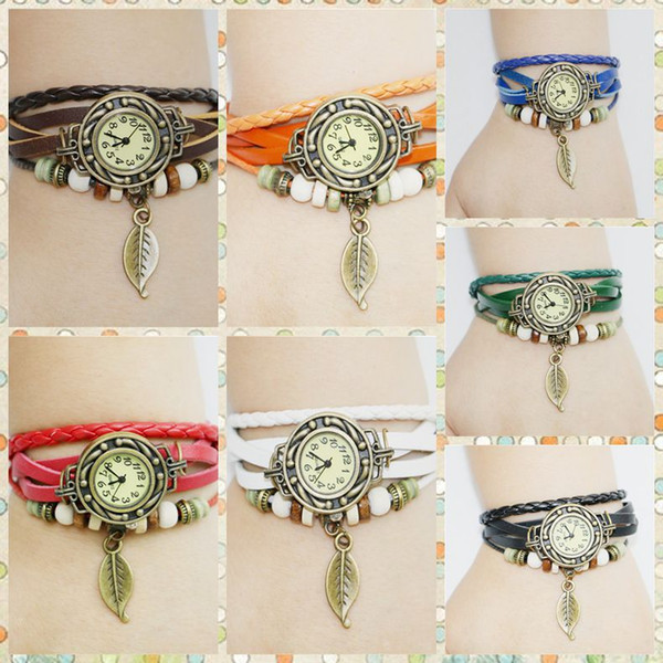 100 Pieces Retro Leather Bracelet Tree leaf Decoration Quartz Wrist Watch For Man Woman Unisex DHL Free Shipping