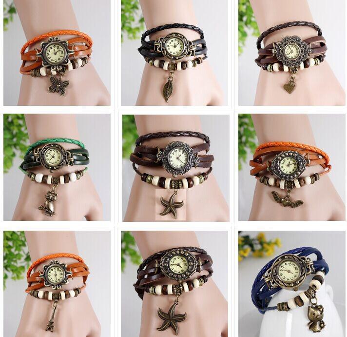 100pcs Leather Vintage Fashion Women Bracelet Watch Retro Watch Hot styles Butterfly Leaf Owl 9 models Quartz Dress Ladies Watches