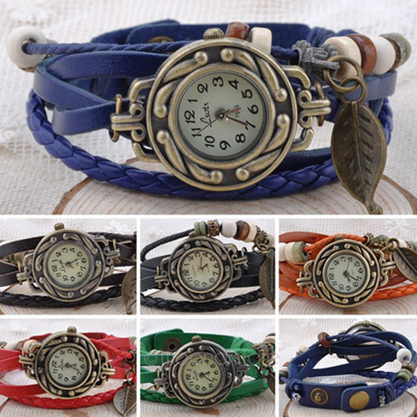 7 Color Fashion New Lady Women Womens Retro Leather Bracelet Tree leaf Decoration Quartz Wrist Watch Wristwatches Free Shipping