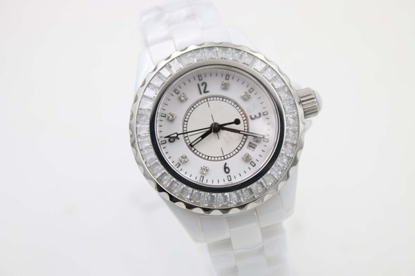 NEW Top quality wristwtches quartz movement womens white ceramic watch quartz diamond bezel fashion 33mm ladies watch