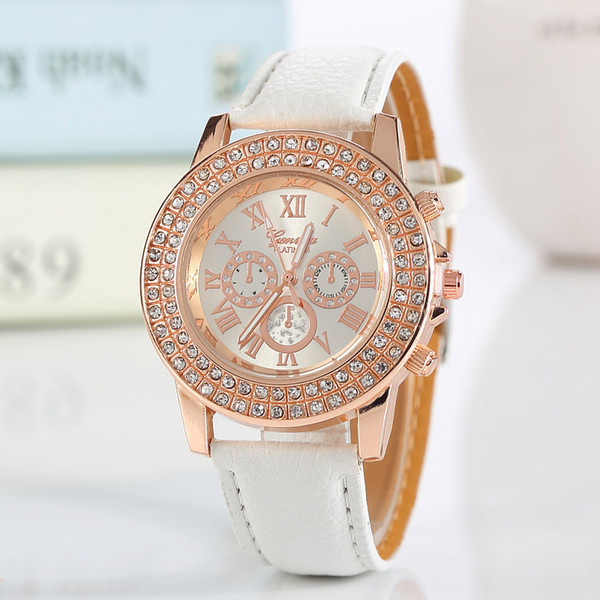 New Fashion Faux Leather Chronograph Roman Numeral Classic Geneva Quartz Ladies Watch Women Crystals Wristwatches Relogio Feminino Gift