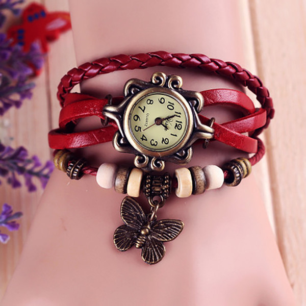 Free DHL genuine leather hand knit vintage watches bracelet wristwatches butterfly pendant free shipping cow leather