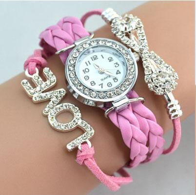 Love Leather Wrist Watches Women Quartz Watches Love Wrist Watches Leather Crystal Round Case Bracelets Charms Watch