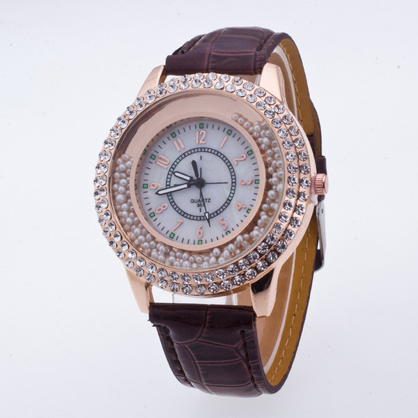 Hot Sale Rhinestone Color Beads Dial Plated Dress Watches New Fashion Women Exquisite PU Strap Quartz Wristwatches