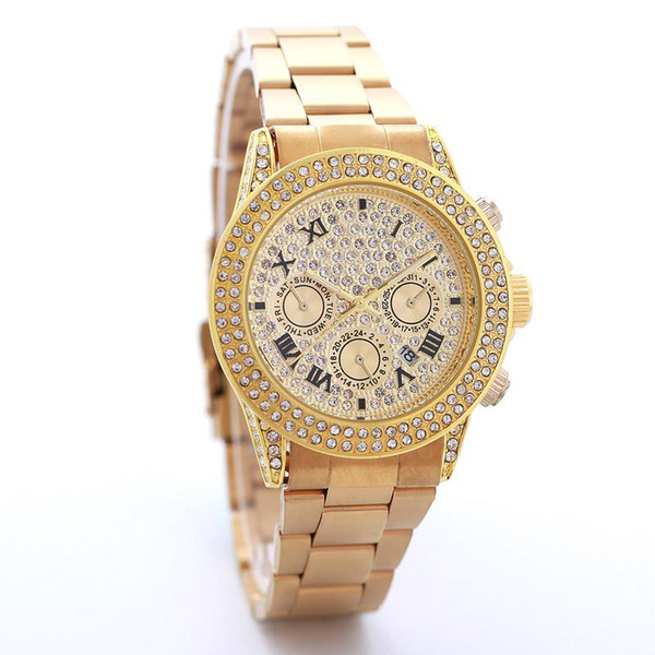 Hot famous elegant designers Man gold watches diamonds relogio feminino steel strap bracelet watch for men tops