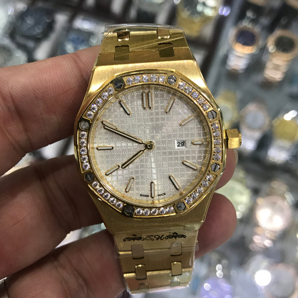 15 colors diamonds bezel ladies yellow gold quartz watch 33mm size Luminous top quality stainless steel royal oaks women watches 15400