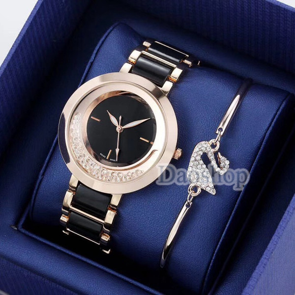 Fashion Brand swarovski Women Gold Watch crystal dial Steel Ladies Chain wristwatch Luxury Quality leisure designer Quartz clock watches gs