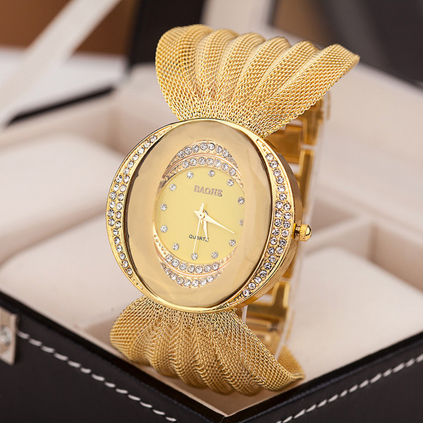 women dress watches quartz watch Luxury Mesh wrist watch oval gold bracelet alloy rhinestone women's watches wholesale lady clock