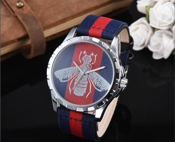 Fashionable men and women canvas embroidery bee quartz watch men and women stripe canvas watchband leisure