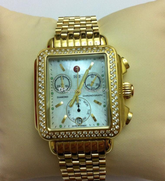 free shipping MICHELE DECO CHRONO YELLOW GOLD CUSTOM DIAMOND ENCRUSTED WATCH MW06P00A9046