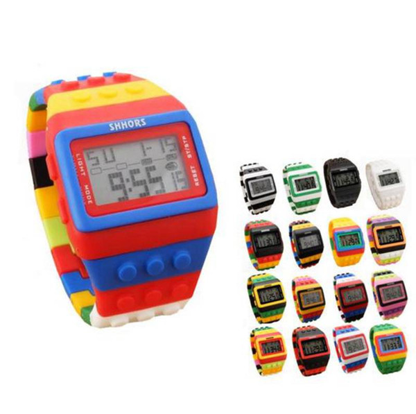 Fashion SHHORS men women Plastic Popular Digital Watch Candy Night Light Up Flashing Waterproof Unisex Rainbow Alarm bracelet Watches 200pcs