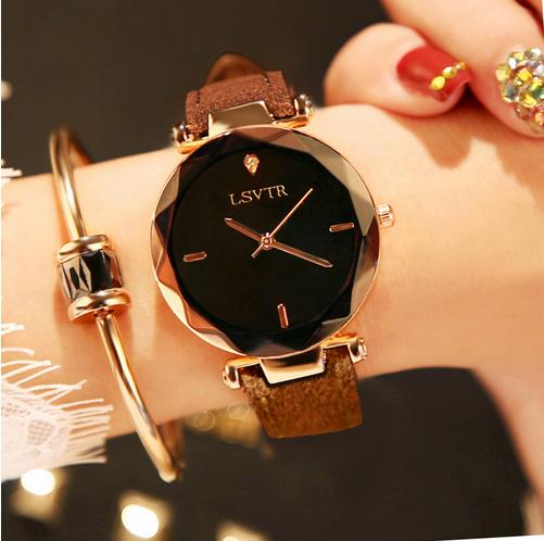 Top Luxury Brand New Fashion Women Frameless Glass Watch Female Diamond Cutting Wristwatch Leather Quartz Clock