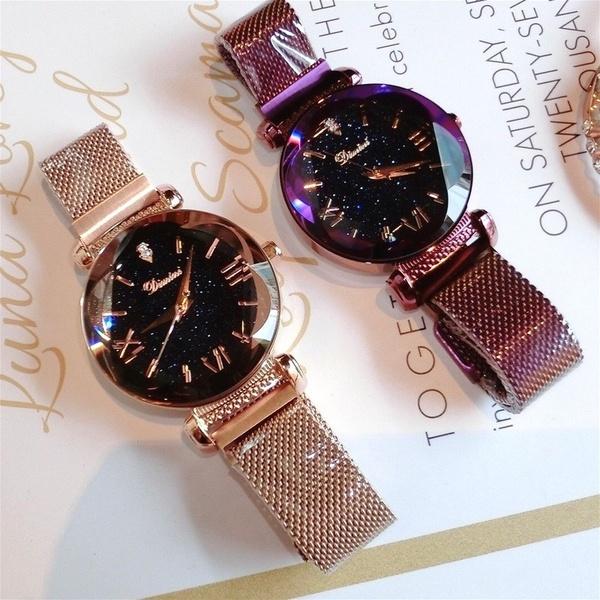 Luxury Women Lady Rose Gold Star Sky Galaxy Stainless Steel Band Watch Fashion Accessories Magic Purple Jewelry