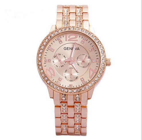 Women Geneva Faux Pearl Flower Chain Bracelet Wrist Analog Quartz Dial Watch 1PC Ladys Rose Gold With Diamonds Steel Band Quartz Watch