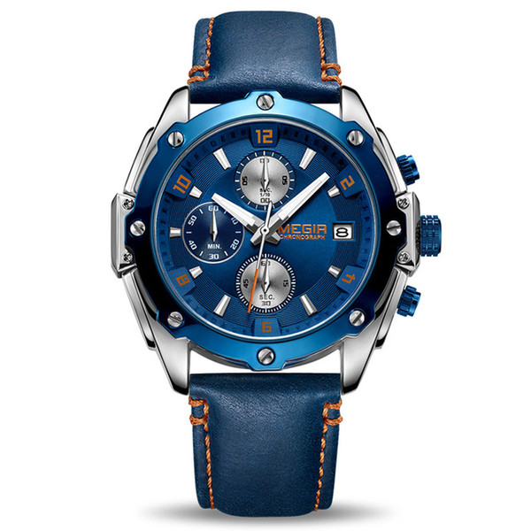 MEGIR Chronograph Men Watch Blue Leather Business Quartz Watch Clock Women Wrist Watch Creative Army Military Wrist Watches 2074