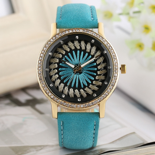 Modren Women's Watches Creative Sewing Stitch Dial Watch with Blue Leather Band Quartz Wrist Watch For Lovers' Gift