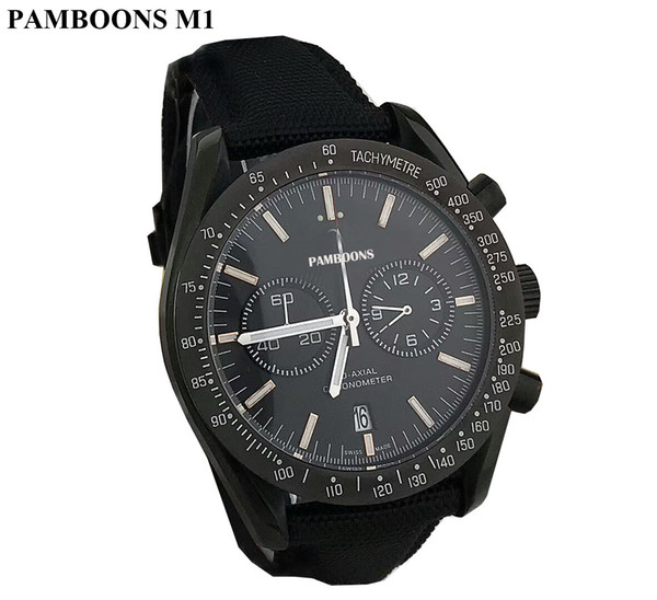 Chronograph Watch swiss quartz genuine leather strap AAA Best Quality Black Face Man Watch 47mm Waterproof Stainless steel