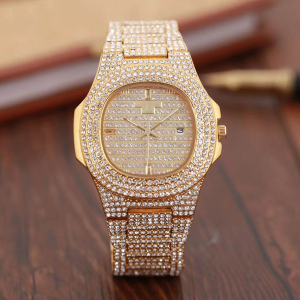 AAA relogio masculino luxury all diamond mens watch gold dress wrist watch Blue dials mechanical watches prices Cheap box Male clock stain