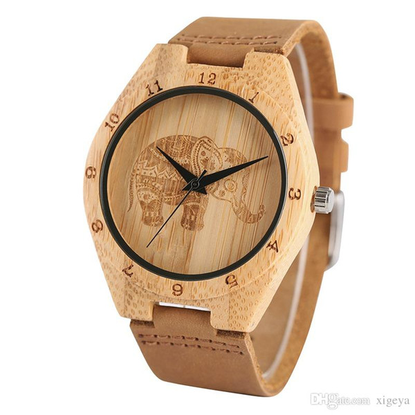 Modern Hand Carving Bamboo Wooden Women Watches Exquisite Thailand Elephant Pattern Quartz Wristwatch Leisure Real Leather Band Clock Gifts