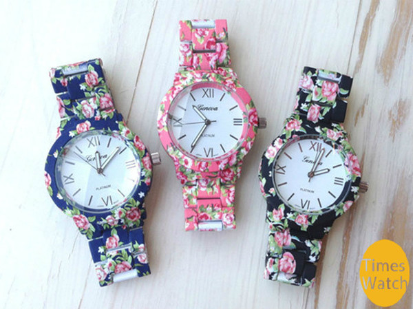 2015 Christmas gift New Fashion Flower Printed Watch Stainless Steel Geneva Watch For Women Dress Watch Quartz Watches 1piece