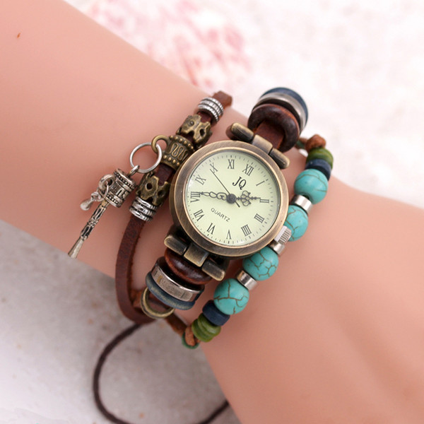 Watches for Women PU Leather Strap Bracelets with Beads Pendant Womens Watch Quartz Movement Vintage Alloy Case