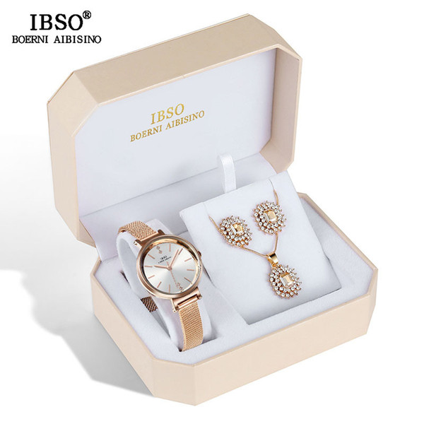 Ibso Brand Women Crystal Design Female Jewelry Fashion Creative Quartz Watch Earring Necklace Set Lady's Gift C19041202