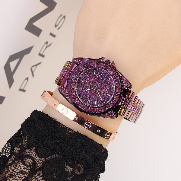 Top Quality Brand Watch for Women 2017 Fashion Purple Wristwatches Luxury Full of Crystal Rhinestones Quartz Watches Stainless steel Jewelry