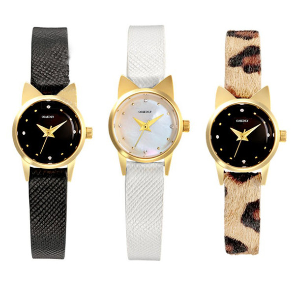 Waterproof Genuine Leather band cute small cat dial women quartz watch high quality japanese movement leopard crystal diamond lady clock