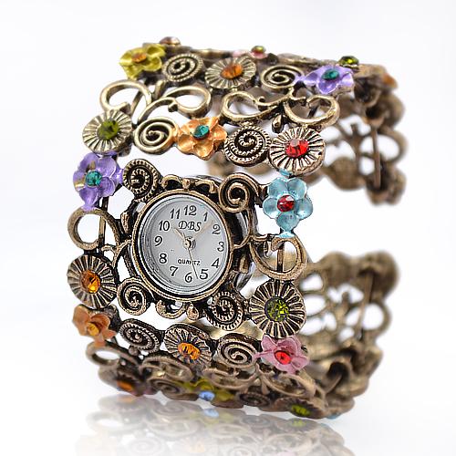 Lady Beads Wrap Flower Dial Leather Bangle Bracelet Quartz Wristwatch Watch Alloy Analog Hours Times Wrist Women Girl Watches Fashion Style