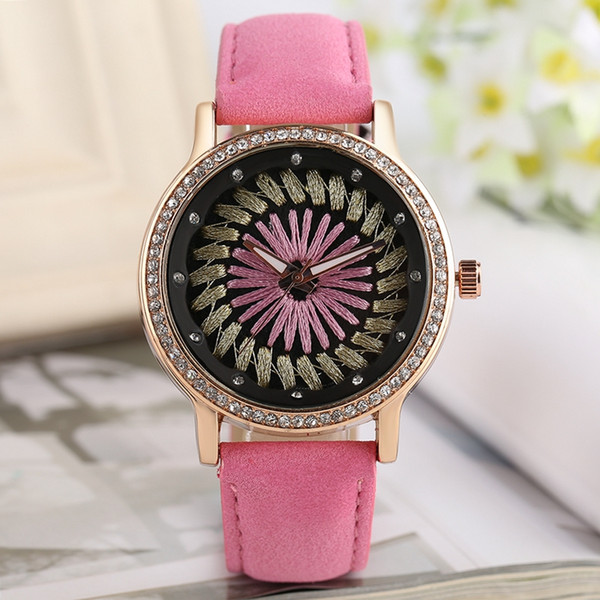 Wholesale Creative Sewing Stitch Dial Watch Women Wristwatch with Pink Leather Band Quartz Wrist Watch For Ladies Gift