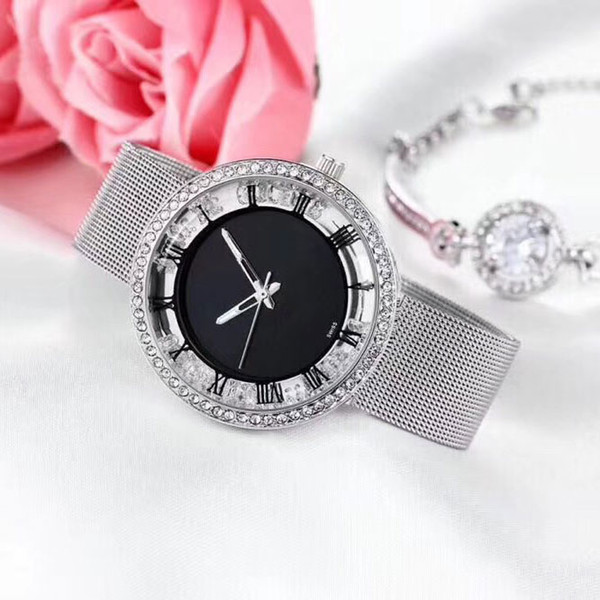 2 sets Fashion Dress Lady Women Watch Bracelets Luxury Watches Diamonds Bezel stainless steel band quartz wristwatches for women best gift