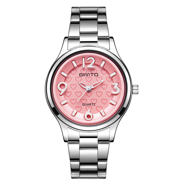 Women Costume Watch ladies Fashion Dress Watches High Quality Student Luxury Heart shaped Wristwatch Pink dial Stainless steel strap