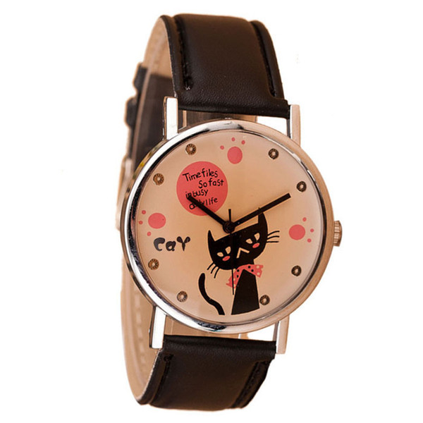 Feminino Kol SaatiStudents New Design Casual Pointer Dial Lovely Cat PU Leather Band Wrist Watch Time