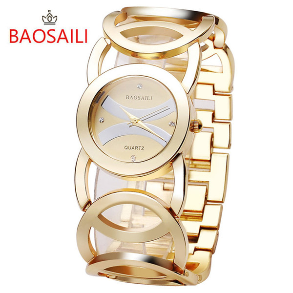 JW089 BAOSAILI Brand Imitation Gold Plated Circles Strap Stainless Steel Back Shinning Women Watches Fashion Wrist WatchY1883009