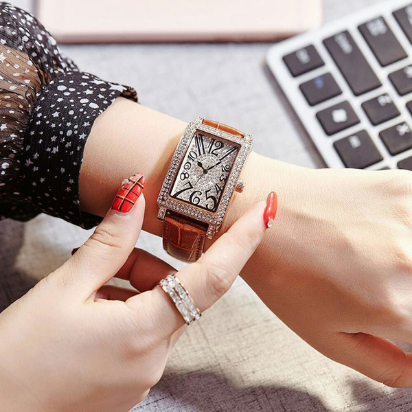 High quality Ladies AAA Watch Famous Brand Luxury Women watches Modern Rhinestone Rectangle Dial Leather Strap Quartz wristwatch For girls