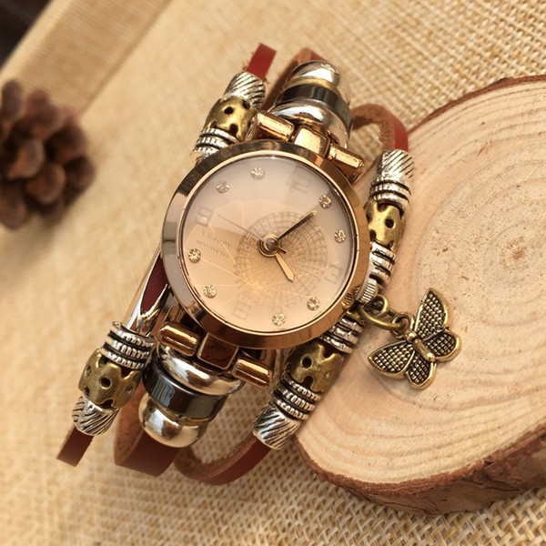 Unisex Retro Leather Bracelet Table Ladies Dress Fashion Watch Butterfly Cartoon Student Hand Quartz Watch men and women general bracelet