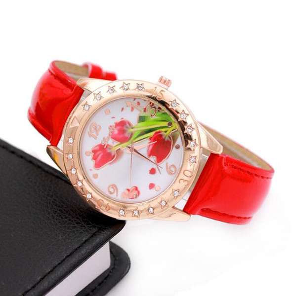 Fashion hot-studded ladies quartz watch point drill tulip bright belt watch female models