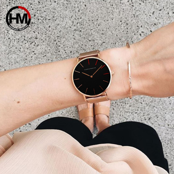 Quartz Movement High Quality 36mm hannah Martin Women Stainless Steel Mesh Rose Gold Waterproof Ladies Watch Dropshipping