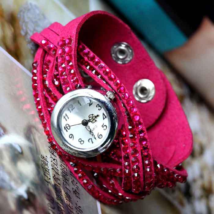 5 Pcs/Lot, 7 Colors Soft Genuine Soft Leather Hand-Weave Bracelet with Rhinestone Women Dress Watches Gift Bracelet Watch